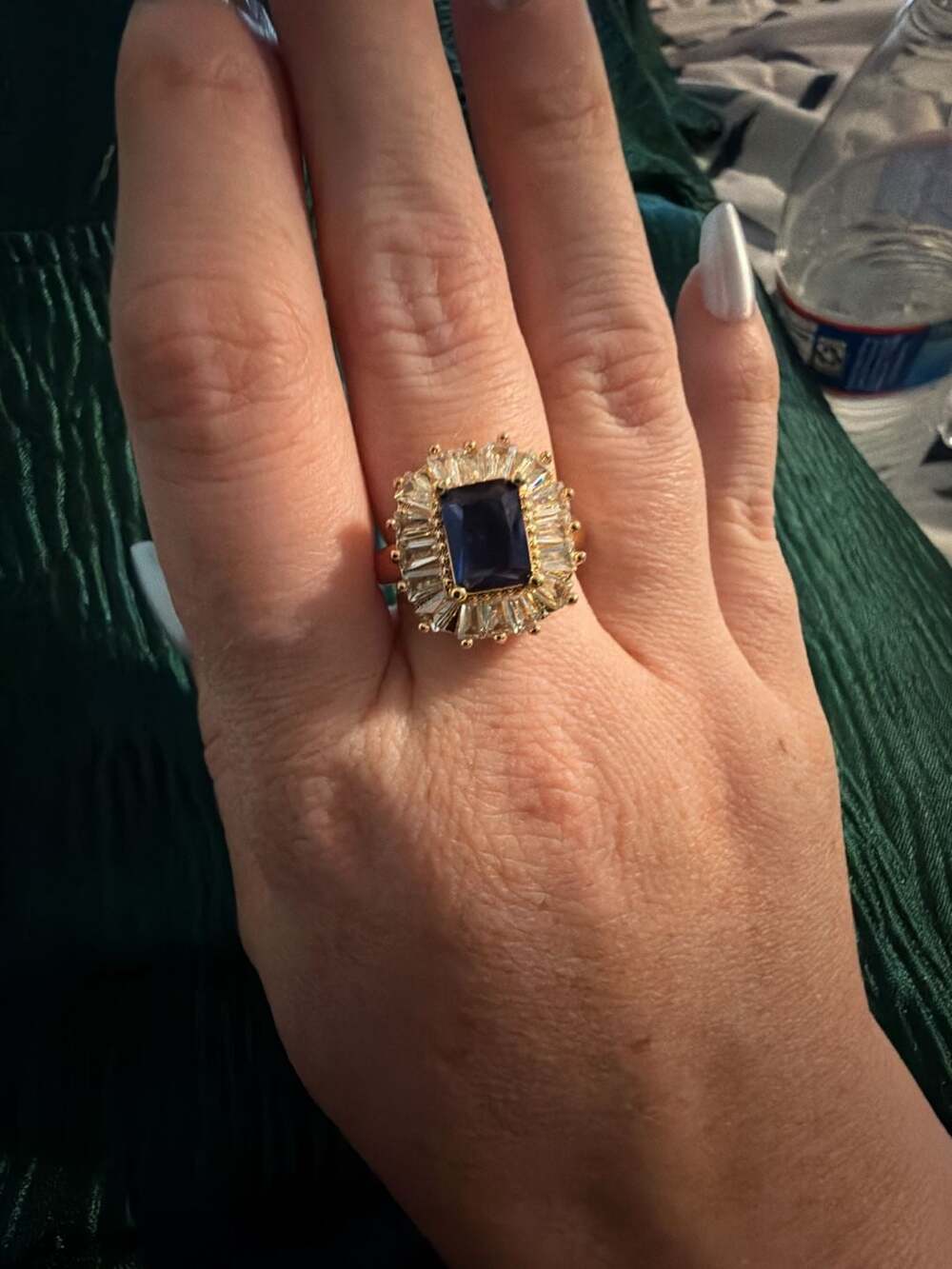 Gold-Finish Emerald-Cut Blue CZ Ring With Baguette Halo